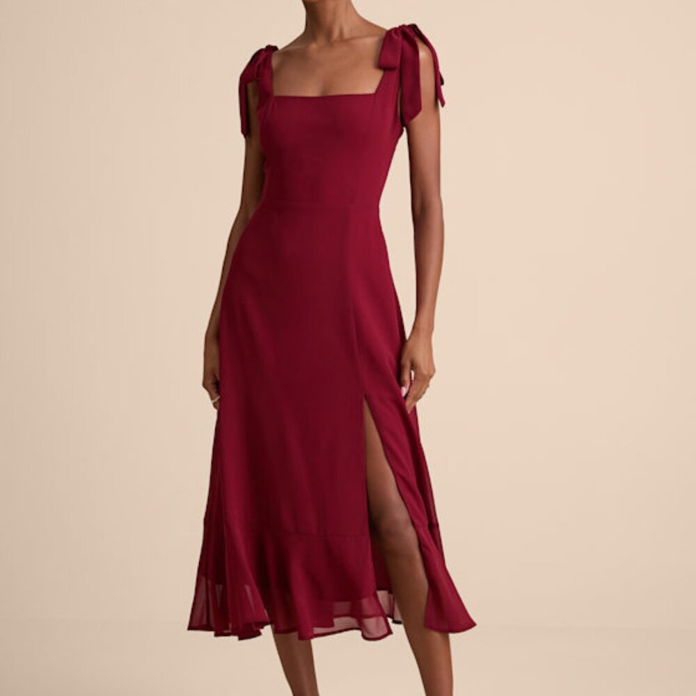Lulus Summer Invite Wine Red Tie-strap Tiered Midi Dress - Size M NWT